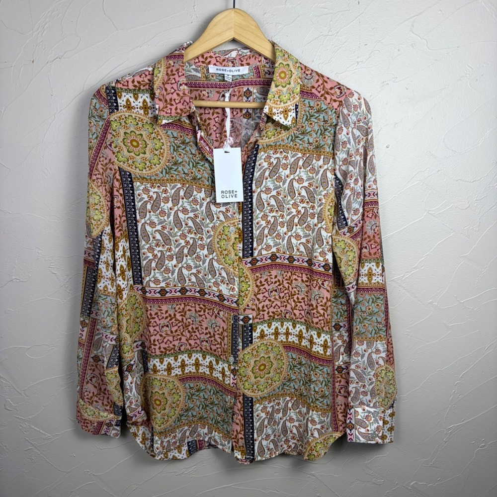 NWT Rose + Olive Paisley Patchwork Top Multicolor Women's Medium Boho Cottage